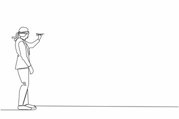Poster - single one line drawing confused businessman blindfold throwing dart. unclear target or blind busine