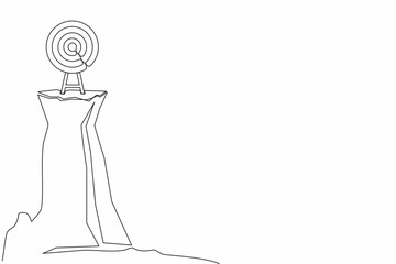Poster - Single continuous line drawing archery target ring with arrows hitting bullseye on cliff. Dartboard on tripod. Goal achieving concept. Business success strategy symbol. One line graphic design vector