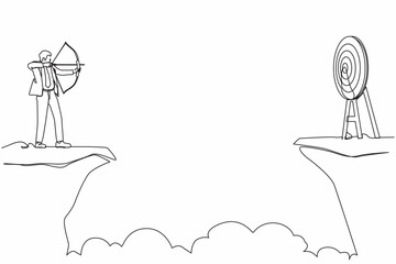 Poster - Single one line drawing businessman standing on cliff with archer in hand. Business target goals. Man forced to successful. Shooting target with bow, arrow. Continuous line draw design vector graphic