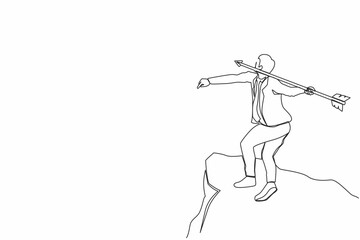 Poster - Continuous one line drawing happy determined strong businessman throwing rising up red arrow to achieve goal. Business growth, success and improvement concept. Single line draw design vector graphic