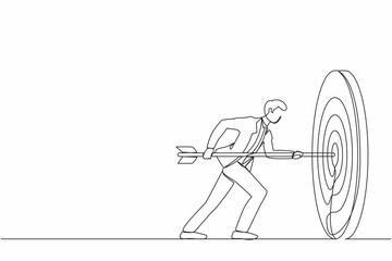 Poster - Single continuous line drawing businessman hold arrow in hand to target, achievement goal. Aim in business concept. Aspirational people. Mission achieved. One line graphic design vector illustration