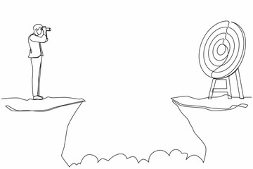 Poster - Single one line drawing businessman standing on cliff with binoculars in hand. Business target goals concept. Businessman focus to successful. Continuous line draw design graphic vector illustration