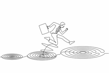 Poster - Single one line drawing businessman jumping on bigger target, successfully. Advancement in career or business growth concept. Aspiration and motivation. Continuous line draw design graphic vector