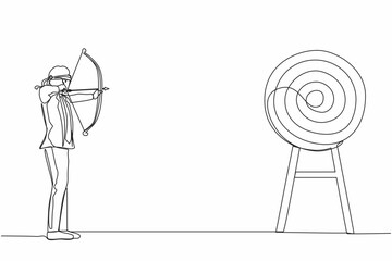 Poster - Single one line drawing businessman trying to shoot target with blindfold. Trying to achieve goal without vision. Blindfold man holding bow arrow looking for target. Continuous line draw design vector