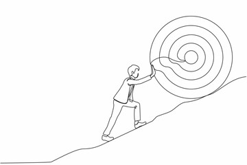 Poster - Single continuous line drawing businessman push up big target to mountain. Salary man pushing giant target upwards so very difficult. Goal too big can be difficult. One line draw graphic design vector