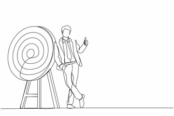 Poster - Single one line drawing businessman or manager is standing or leaning the target with thumbs up gesture. Arrow hit the target exactly. Modern continuous line draw design graphic vector illustration