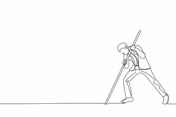 Poster - Single one line drawing businessman mark goal with arrow. Man holding arrow, hits target on ground. Achieving goals. Focus marketing target strategy. Continuous line design graphic vector illustration