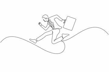Poster - Continuous one line drawing young worker guy jumping to show his success. Business man wearing suit, carrying briefcase is jump from point to point on white background. Single line draw design vector