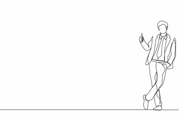 Poster - Continuous one line drawing excited businessman dressed in formal wear showing thumbs up sign and leaning against the wall. Deal, like, agree, approve, accept. Single line draw design vector graphic