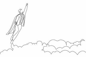 Poster - Single continuous line drawing businessman flying in the sky like superhero. Successful businessman flies up through the sky. Business startup concept. one line draw graphic design vector illustration