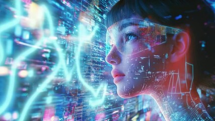 Leinwandbilder - A person wearing futuristic augmented reality glasses is immersed in a vibrant digital world full of data and neon colors.