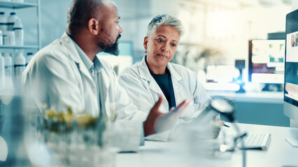 Aufkleber - Science, computer and team with people in laboratory for research, medical and investigation. Collaboration, pathology report and forensic assessment with scientist for discussion and healthcare
