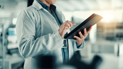 Poster - hands, woman and scientist on tablet in lab for medical research, gene function and experiment. pers