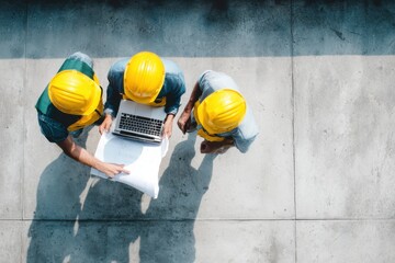 Poster - Construction Workers Reviewing Blueprints and Laptop on Site, Representing Teamwork and Project Management for Infrastructure Development and Engineering : Generative AI
