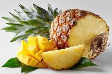 Poster - Fresh Pineapple and Mango Slices on White Background, Showcasing Tropical Ingredients for Healthy Eating and Summer Recipes : Generative AI