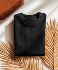 Aufkleber - Folded Black Sweatshirt on White Surface With Palm Fronds, Displaying Apparel Design and Sustainable Fashion, Perfect for E-Commerce and Online Retail : Generative AI