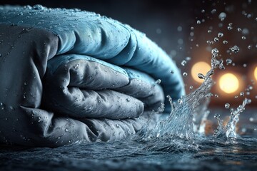 Leinwandbilder - Folded Waterproof Jacket With Splashing Water, Showcasing Protection and Durability in Outdoor Gear Advertisements and Product Demonstrations, With Focus on Resilience : Generative AI