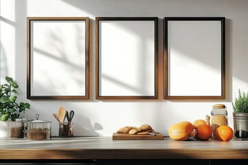 Aufkleber - Three Blank Frames Above Kitchen Counter With Oranges and Bread, Ideal for Interior Design Mockups and Product Placement Visualizations : Generative AI