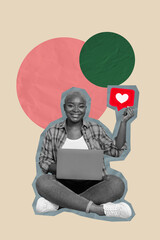 Aufkleber - Composite image montage trend 3D collage of young lady sit down hold laptop heart like social communication internet influencer blogging