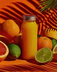 Poster - Fresh Citrus Juice in Glass Bottle Surrounded by Fruits on Orange Background, Showcasing Healthy Lifestyle and Summer Refreshment : Generative AI
