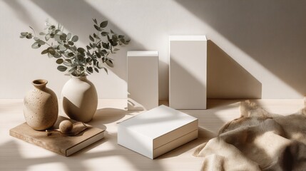 Aufkleber - Minimalist Still Life With Boxes, Vases, and Eucalyptus, Ideal for Product Mockups and Promoting Natural Lifestyle Brands : Generative AI