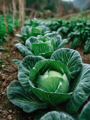 Aufkleber - Rows of Fresh Cabbage Growing in a Field, Representing Sustainable Agriculture and Healthy Eating Habits for Food Production and Local Consumption : Generative AI