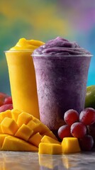 Poster - Mango and Grape Smoothies in Plastic Cups, Showcasing Refreshment and Healthy Lifestyle Choices for Food and Beverage Advertising : Generative AI