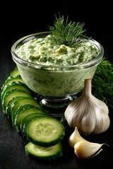 Aufkleber - Tzatziki Dip in Glass Bowl With Cucumber Slices and Garlic, Representing Freshness and Healthy Eating for Culinary Content : Generative AI