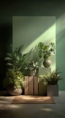Poster - Indoor Plants Arranged on Wooden Blocks Against Green Wall, Showcasing Home Decor and Sustainable Living in Interior Design Projects : Generative AI