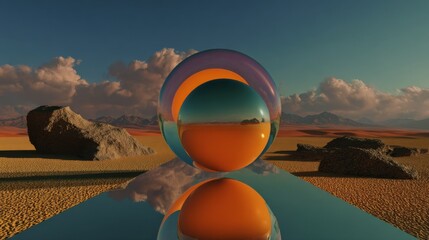 Poster - Abstract Spheres Reflecting Desert Landscape, Symbolizing Innovation and Creative Problem Solving for Business Marketing and Design Projects : Generative AI