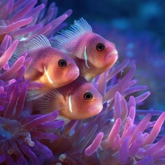 Poster - Three Pink Anemonefish Swimming Among Purple Tentacles, Showcasing Marine Biodiversity and Underwater Ecosystems : Generative AI