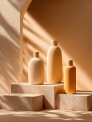 Aufkleber - Minimalist Cosmetic Bottles on Stone Pedestal With Shadow Patterns, Illustrating Beauty Product Marketing and Sustainable Packaging Design : Generative AI