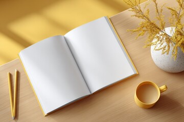 Poster - Open Book With Blank Pages and Coffee Cup on Wooden Desk, Ideal for Content Creation and Educational Resources, Representing Focus and Productivity : Generative AI