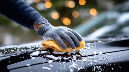 Leinwandbilder - Hand Washing Black Car With Yellow Cloth Under Bokeh Lights, Showcasing Professional Auto Detailing and Vehicle Maintenance : Generative AI