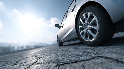 Poster - Silver Car on Cracked Asphalt Road Under Bright Sky, Depicting Automotive Innovation and Road Safety : Generative AI