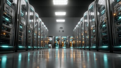 Leinwandbilder - Server Racks in Data Center With Glowing Lights, Illustrating Network Infrastructure and Digital Transformation for Business Technology : Generative AI