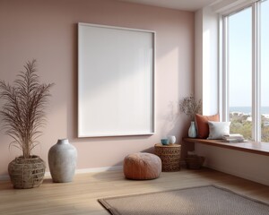 Aufkleber - Cozy Interior with Blank Frame and Window Seat, Ideal for Home Decor Inspiration and Real Estate Marketing Campaigns, Showcasing Comfortable Living : Generative AI