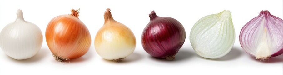 Aufkleber - Variety of Whole and Halved Onions on White Background, Showcasing Culinary Diversity and Healthy Eating for Food Bloggers and Recipe Developers : Generative AI