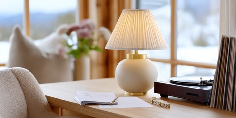 Poster - Cozy Home Office Desk with Lamp and Vinyl Player, Representing Relaxation and Creative Inspiration for Content Creation and Lifestyle Influencers : Generative AI