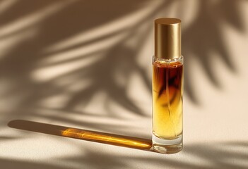 Aufkleber - Elegant Perfume Bottle in Warm Light With Leaf Shadows, Ideal For Beauty Product Advertising and Luxury Lifestyle Content : Generative AI