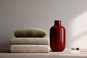 Poster - Still Life With Stacked Blankets, Pillow, and Red Vase, Showcasing Interior Design and Minimalist Home Decor Ideas for Home Staging : Generative AI