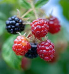 Aufkleber - Close-Up of Ripe Raspberries and Blackberries on the Vine, Symbolizing Freshness and Healthy Eating for Food Blogging : Generative AI