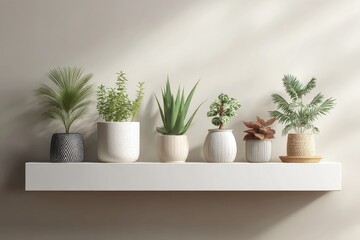 Poster - Collection of Potted Plants on a Shelf Against a Neutral Wall, Symbolizing Home Decor and Sustainable Living : Generative AI