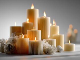 Poster - Group of Lit Candles and Flowers on White Surface, Symbolizing Relaxation and a Serene Atmosphere for Wellness Retreats and Spiritual Guidance : Generative AI