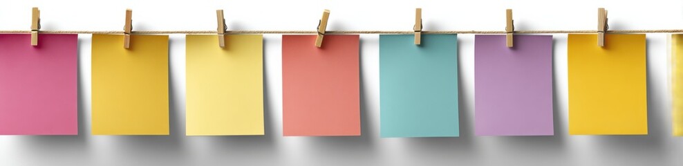 Poster - Colorful Paper Notes Hanging From Twine With Clothespins, Representing Organization and Creative Planning for Business or Personal Projects : Generative AI