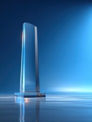 Aufkleber - Crystal Award on Reflective Surface Against Blue Gradient, Symbolizing Corporate Recognition and Achievement in Business Excellence Programs : Generative AI