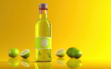 Aufkleber - Lime Flavored Drink in Glass Bottle on Yellow Background, Showcasing Refreshment and Summer Beverage Marketing : Generative AI