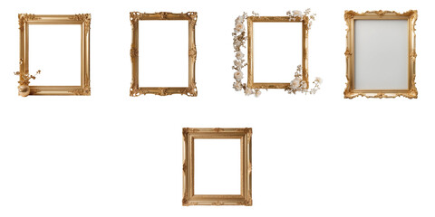 set of five vintage gold picture frames with different designs isolated on a transparent background 