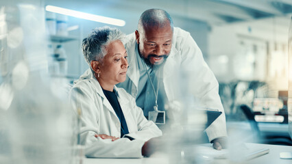 Poster - analysis, collaboration and scientists with tablet, lab or discussion for medical research for team.