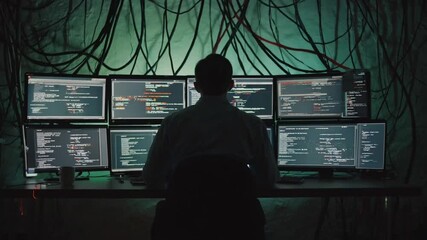 programmer with code-filled screens crashing and a System Error alert, wires tangled, a coffee spill on the keyboard, and a dark background, symbolizing tech disaster and professional crisis, 4k video